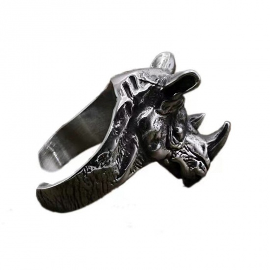 Picture of Punk Open Adjustable Wrap Rings Antique Silver Color 3D Rhinoceros Animal 18mm(US Size 7.75), 1 Piece