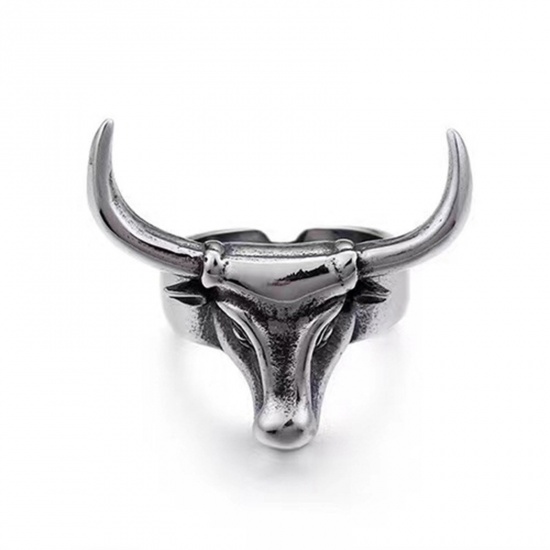 Picture of Punk Open Adjustable Wrap Rings Antique Silver Color 3D Bison Buffalo Animal 18mm(US Size 7.75), 1 Piece
