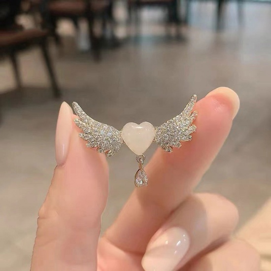 Picture of Exquisite Pin Brooches Wing Gold Plated White Cat's Eye Imitation Clear Rhinestone 3cm x 2cm, 1 Piece