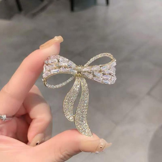 Picture of Exquisite Pin Brooches Bowknot Gold Plated Clear Rhinestone 5.3cm x 4.5cm, 1 Piece