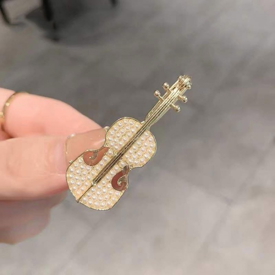 Picture of Exquisite Pin Brooches Musical Instrument Violin Gold Plated White Acrylic Imitation Pearl 5cm x 2cm, 1 Piece