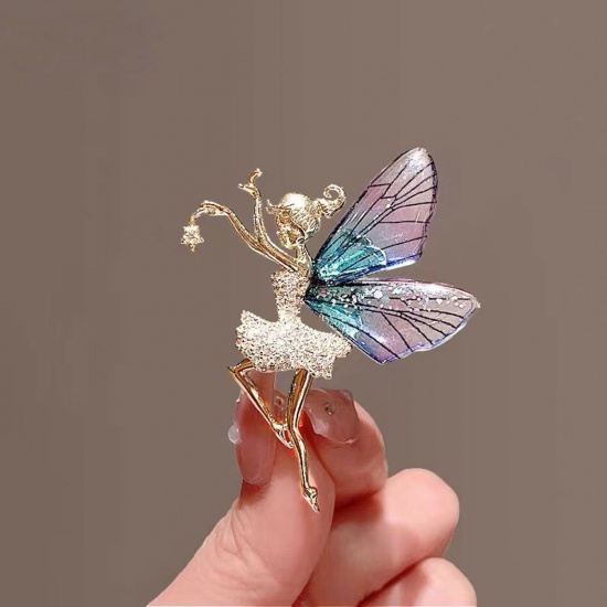 Picture of Exquisite Pin Brooches Fairy Gold Plated Clear Rhinestone 5.4cm x 3.4cm, 1 Piece
