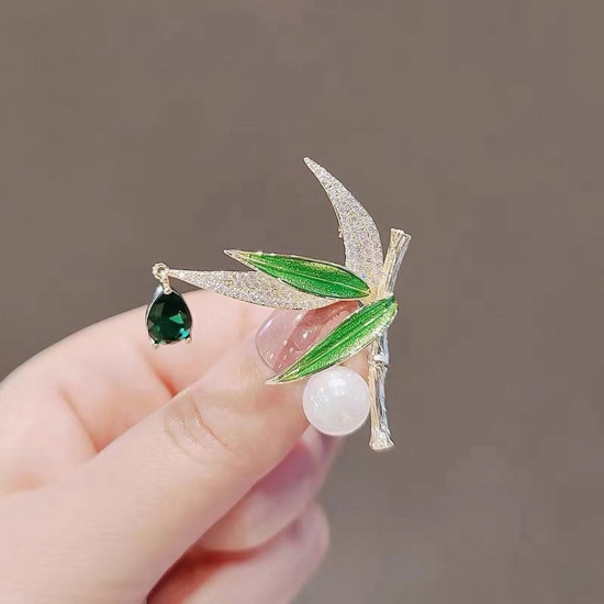 Picture of Exquisite Pin Brooches Bamboo Gold Plated Green Enamel Clear Rhinestone 5cm x 5cm, 1 Piece