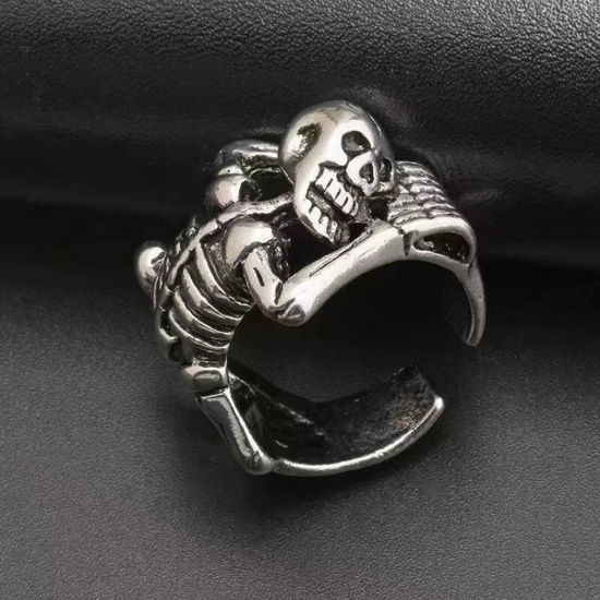 Picture of Punk Open Adjustable Wrap Rings Antique Silver Color 3D Skeleton Skull 18mm(US Size 7.75), 1 Piece