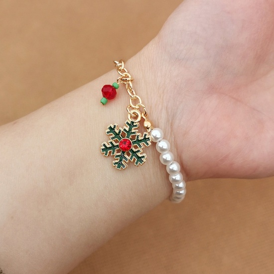 Picture of Christmas Bracelets Gold Plated Christmas Snowflake Imitation Pearl 18cm(7 1/8") long, 1 Piece