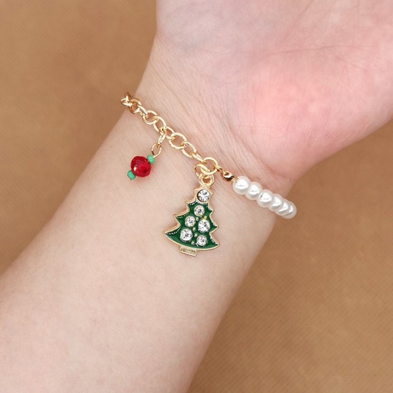 Picture of Christmas Bracelets Gold Plated Christmas Tree Imitation Pearl 18cm(7 1/8") long, 1 Piece
