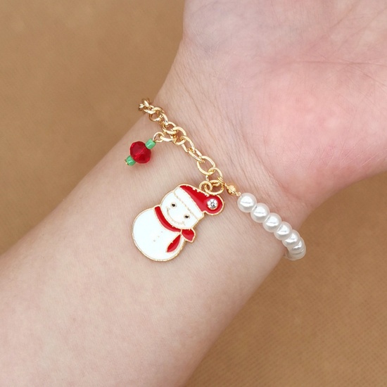Picture of Christmas Bracelets Gold Plated Christmas Snowman Imitation Pearl 18cm(7 1/8") long, 1 Piece
