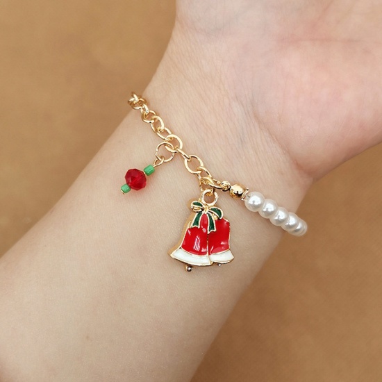 Picture of Christmas Bracelets Gold Plated Christmas Jingle Bell Imitation Pearl 18cm(7 1/8") long, 1 Piece