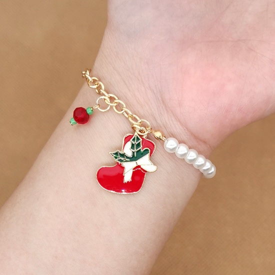 Picture of Christmas Bracelets Gold Plated Christmas Stocking Imitation Pearl 18cm(7 1/8") long, 1 Piece