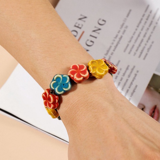 Immagine di Ceramica Retrò Bracciali Delicato bracciali delicate braccialetto in rilievo Multicolore Fiore Elastico 19cm Lunghezza, 1 Pz