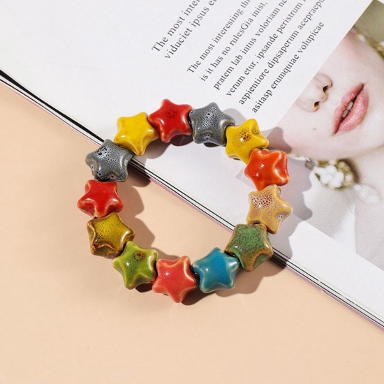 Picture of Ceramic Retro Dainty Bracelets Delicate Bracelets Beaded Bracelet Multicolor Pentagram Star Elastic 19cm(7 4/8") long, 1 Piece