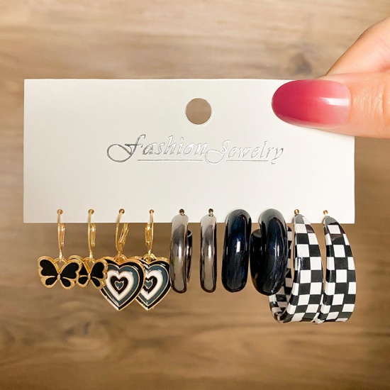 Picture of Ins Style Ear Post Stud Earrings Set Multicolor Checkerboard Butterfly 2.7-3.7cm, 1 Set ( 5 Pairs/Set)