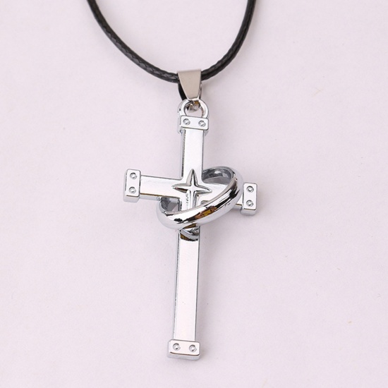 Picture of Wax Cord Religious Pendant Necklace Silver Tone Cross 42cm(16 4/8") long, 1 Piece