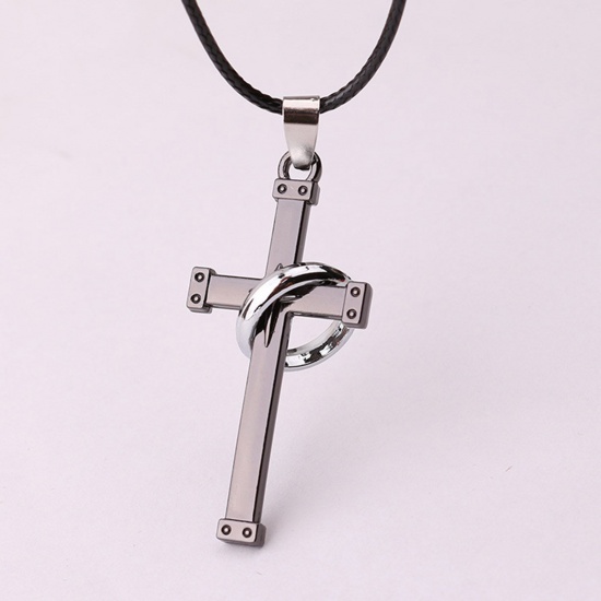 Picture of Wax Cord Religious Pendant Necklace Gunmetal Cross 42cm(16 4/8") long, 1 Piece