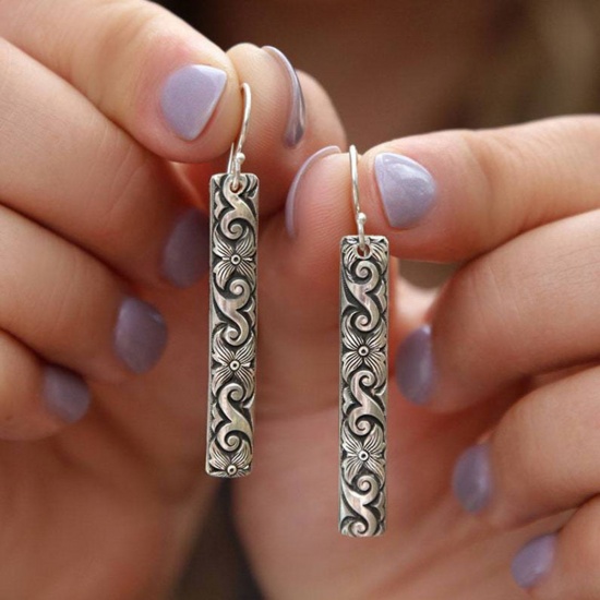 Picture of Boho Chic Bohemia Earrings Antique Silver Color Strip Carved Pattern 4cm, 1 Pair