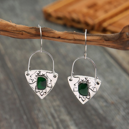 Picture of Boho Chic Bohemia Earrings Antique Silver Color Green Triangle Rectangle Imitation Gemstones 4.5cm x 3cm, 1 Pair