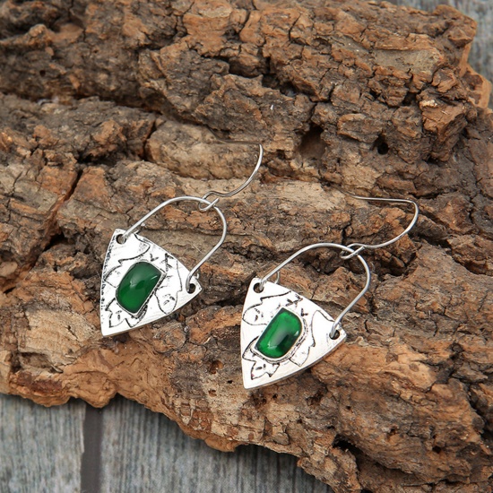 Picture of Boho Chic Bohemia Earrings Antique Silver Color Green Triangle Rectangle Imitation Gemstones 4.5cm x 3cm, 1 Pair