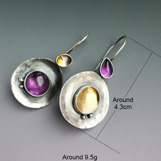 Picture of Boho Chic Bohemia Asymmetric Earrings Antique Bronze Yellow & Purple Round Oval Imitation Gemstones 4.3cm, 1 Pair