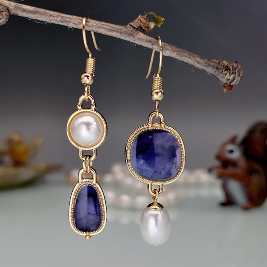 Picture of Boho Chic Bohemia Asymmetric Earrings Gold Plated Blue Violet Drop Round Imitation Gemstones 5cm, 1 Pair