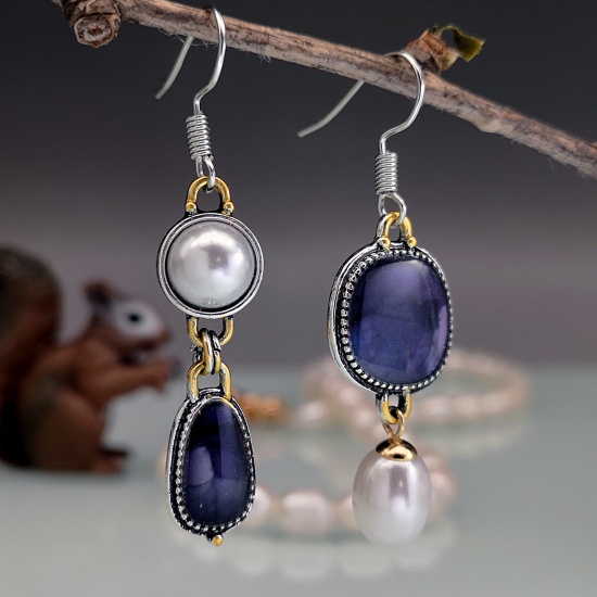 Picture of Boho Chic Bohemia Asymmetric Earrings Multicolor Blue Violet Drop Round Imitation Gemstones 5cm, 1 Pair