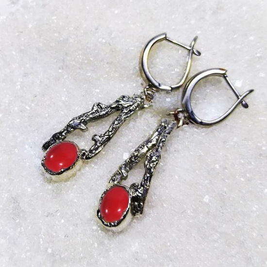 Picture of Boho Chic Bohemia Earrings Antique Silver Color Red Branch Oval Imitation Gemstones 5cm, 1 Pair