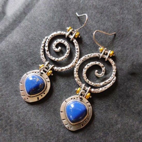 Picture of Boho Chic Bohemia Earrings Antique Silver Color Blue Spiral Tassel Imitation Gemstones 7cm, 1 Pair