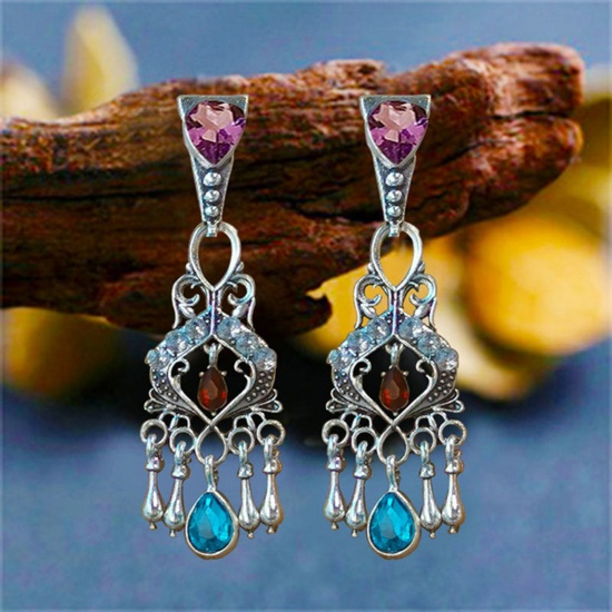 Picture of Stylish Earrings Antique Silver Color Chandelier Ceiling Lamp Tassel Red Rhinestone Blue Cubic Zirconia 6cm, 1 Pair