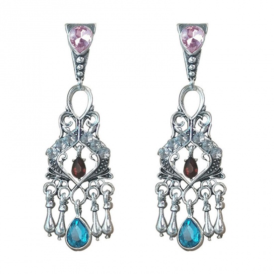 Picture of Stylish Earrings Antique Silver Color Chandelier Ceiling Lamp Tassel Red Rhinestone Blue Cubic Zirconia 6cm, 1 Pair