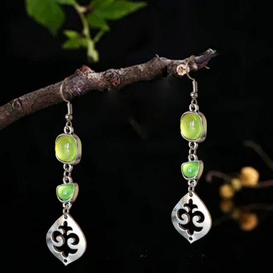 Picture of Boho Chic Bohemia Earrings Antique Silver Color Light Green Tassel Leaf Imitation Gemstones 5cm, 1 Pair