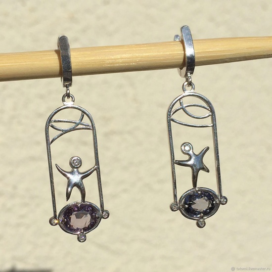 Picture of Boho Chic Bohemia Earrings Antique Silver Color Purple Geometric Star Fish Imitation Gemstones 5cm, 1 Pair