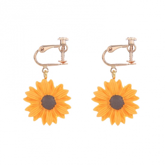 Immagine di Argilla Carino Orecchini a Clip Senza Piercing Oro Placcato Arancione Girasole 4cm x 2.2cm, 1 Paio