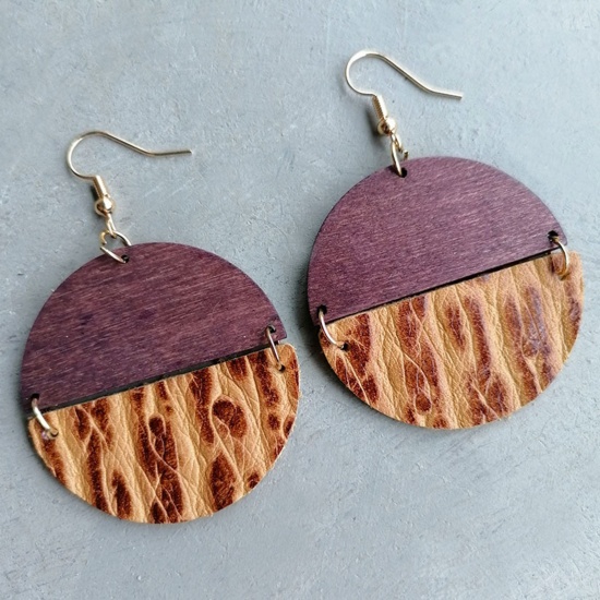 Picture of Wood & Real Leather Boho Chic Bohemia Ear Wire Hook Earrings Silver Tone Light Brown Round Texture 5.8cm x 4cm, 1 Pair