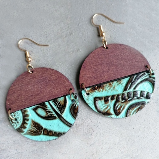 Picture of Wood & Real Leather Boho Chic Bohemia Ear Wire Hook Earrings Silver Tone Peacock Blue Round Texture 5.8cm x 4cm, 1 Pair