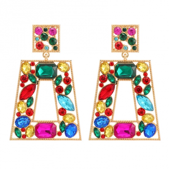 Picture of Geometry Series Ear Post Stud Earrings Gold Plated Trapezoid Multicolor Rhinestone 6cm x 3.4cm, 1 Pair