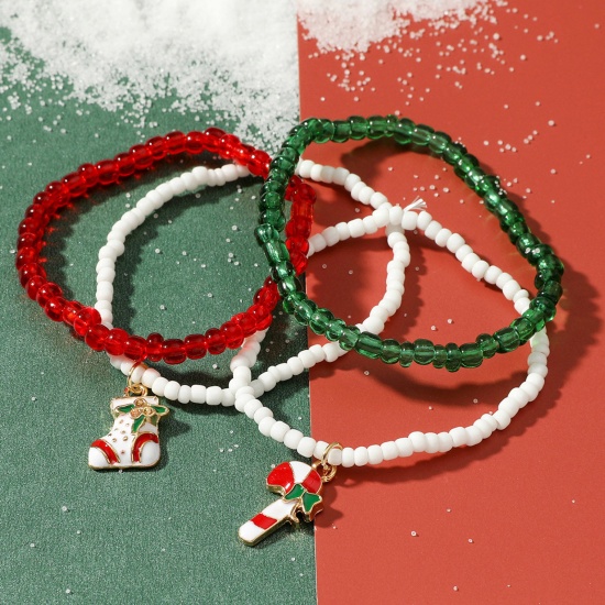 Picture of Plastic Stylish Dainty Bracelets Delicate Bracelets Beaded Bracelet Multicolor Christmas Santa Boots Christmas Candy Cane Elastic 16cm(6 2/8") long, 1 Set ( 4 PCs/Set)