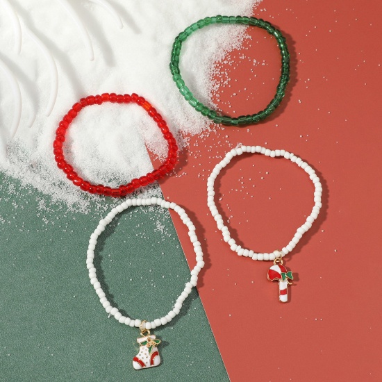 Picture of Plastic Stylish Dainty Bracelets Delicate Bracelets Beaded Bracelet Multicolor Christmas Santa Boots Christmas Candy Cane Elastic 16cm(6 2/8") long, 1 Set ( 4 PCs/Set)