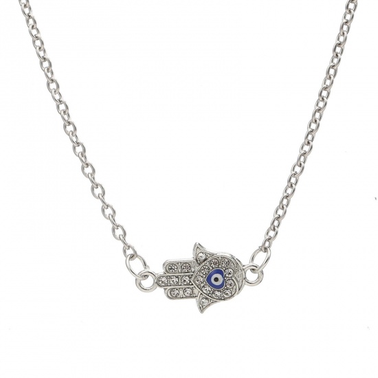 Picture of Religious Pendant Necklace Silver Tone Hamsa Symbol Hand Clear Rhinestone 40cm(15 6/8") long, 1 Piece