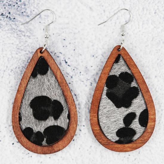 Picture of Natural Wood & Faux Leather Ear Wire Hook Earrings Silver Tone Gray Drop Leopard Print 7cm, 1 Pair