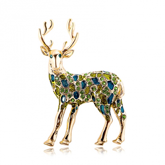 Picture of Christmas Pin Brooches Christmas Deer Gold Plated Multicolor Rhinestone 7.3cm x 5cm, 1 Piece
