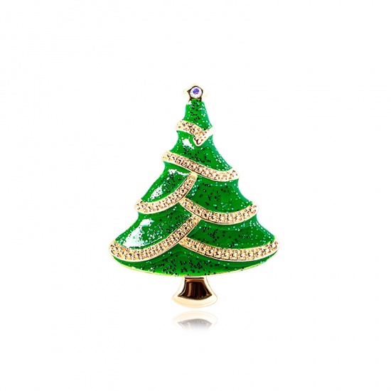 Picture of Christmas Pin Brooches Christmas Tree Gold Plated Green 5cm x 3.8cm, 1 Piece