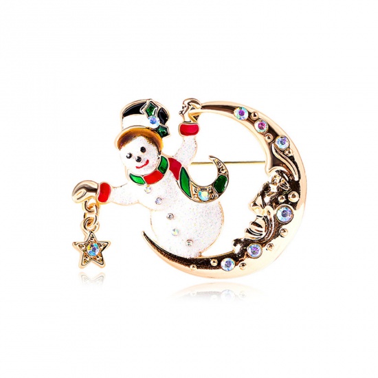Picture of Christmas Pin Brooches Half Moon Christmas Snowman Gold Plated Clear Rhinestone 5.1cm x 4.3cm, 1 Piece