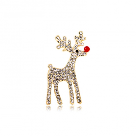 Picture of Christmas Pin Brooches Christmas Deer Gold Plated Clear Rhinestone 4.8cm x 3cm, 1 Piece