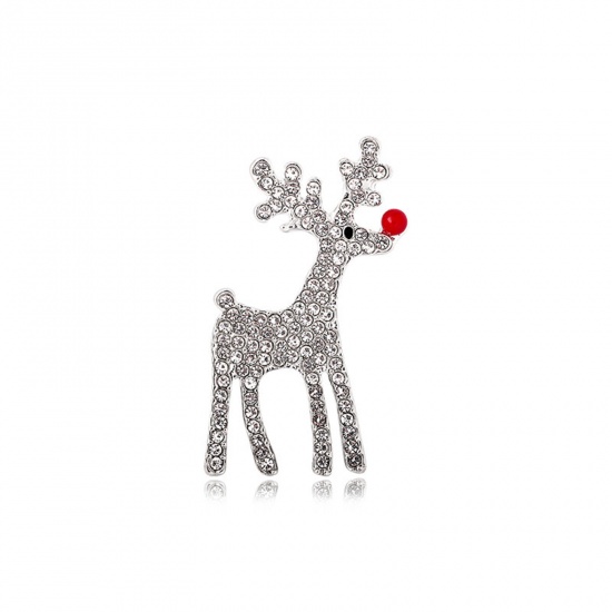 Bild von Weihnachten Brosche Weihnachten Hirsch Silberfarbe Transparent Strass 4.8cm x 3cm, 1 Stück