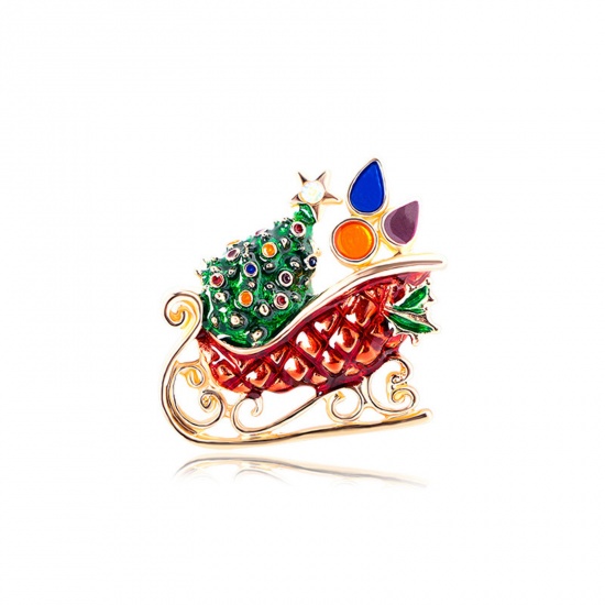 Picture of Christmas Pin Brooches Christmas Sleigh Christmas Tree Gold Plated Multicolor Rhinestone 4cm x 3.5cm, 1 Piece