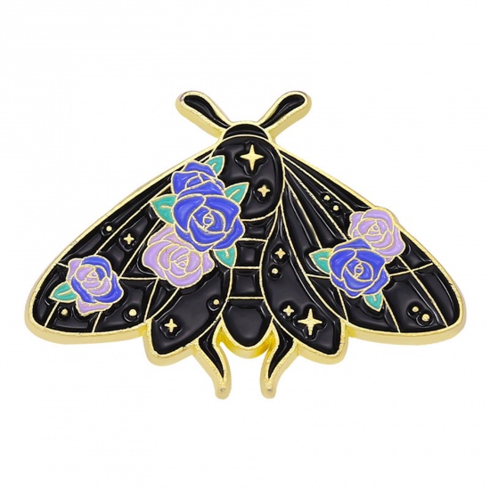 Image de Broche Epingle Insecte Papillon de nuit Fleurs Doré Multicolore Émail 2.8cm x 2cm, 1 Pièce