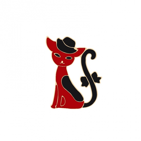 Picture of Cute Pin Brooches Cat Animal Red Enamel 24mm x 15mm, 1 Piece