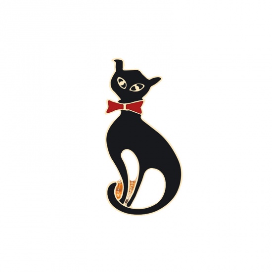 Picture of Cute Pin Brooches Cat Animal Black Enamel 24mm x 15mm, 1 Piece