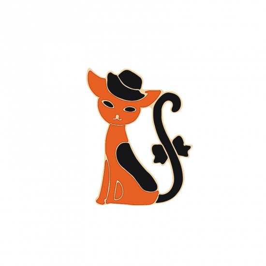 Picture of Cute Pin Brooches Cat Animal Orange Enamel 24mm x 15mm, 1 Piece