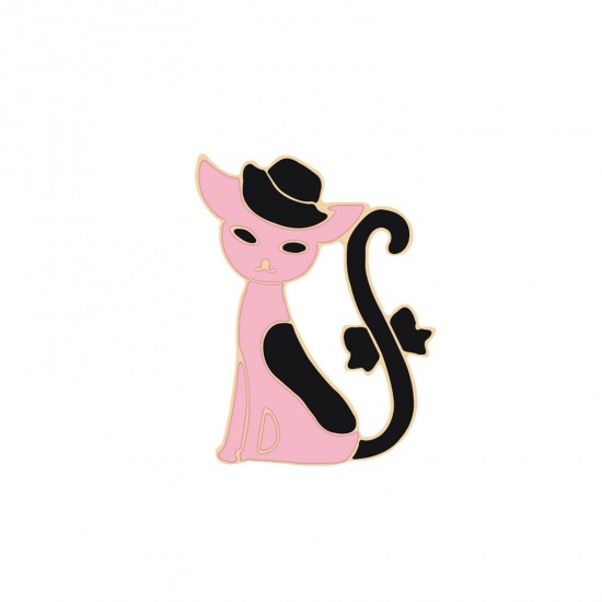 Picture of Cute Pin Brooches Cat Animal Pink Enamel 24mm x 15mm, 1 Piece