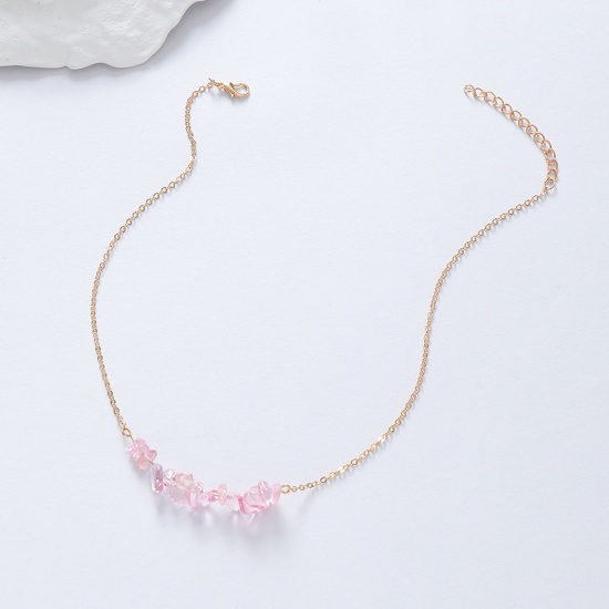 Picture of Stone Boho Chic Bohemia Pendant Necklace Gold Plated Pink Chip Beads 40cm(15 6/8") long, 1 Piece